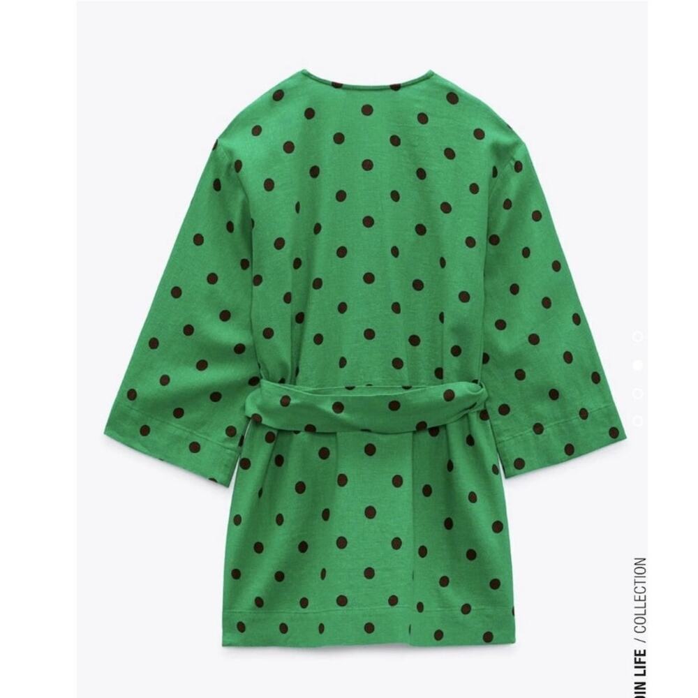 Zara Belted Top Blouse Womens Sz XL Polka Dot Linen Blend Kaftan Tunic Retro - Picture 2 of 8